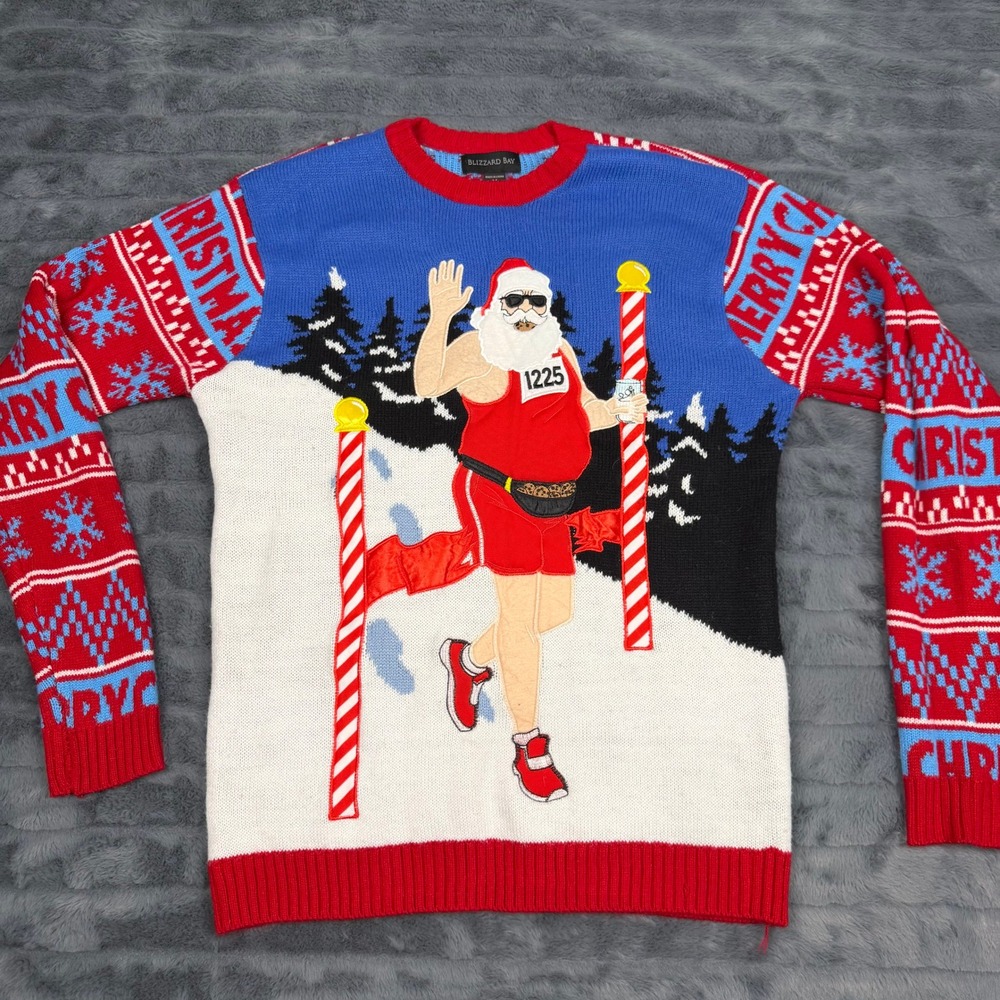 Blizzard Bay Mens Running Santa Christmas Sweater Blue Red Fair Isle Medium